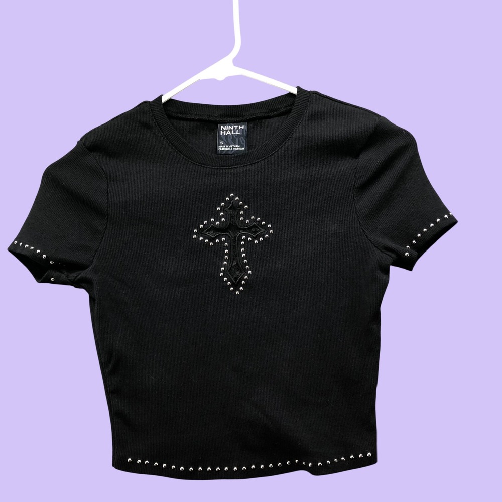 Ninth Hall Studded Cross Baby Tee Black Y2K Goth Grunge Womens Small Alt